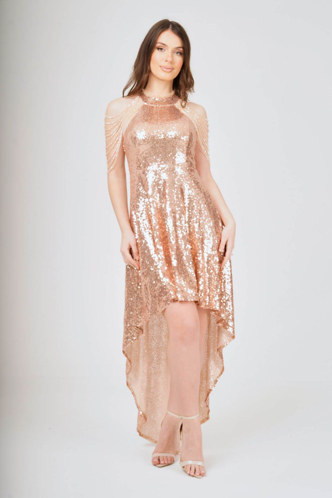 Champagne Jewel Shoulder Hi-Lo Sequin Dress