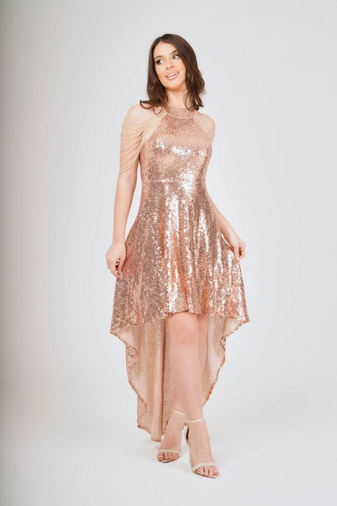Champagne Jewel Shoulder Hi-Lo Sequin Dress