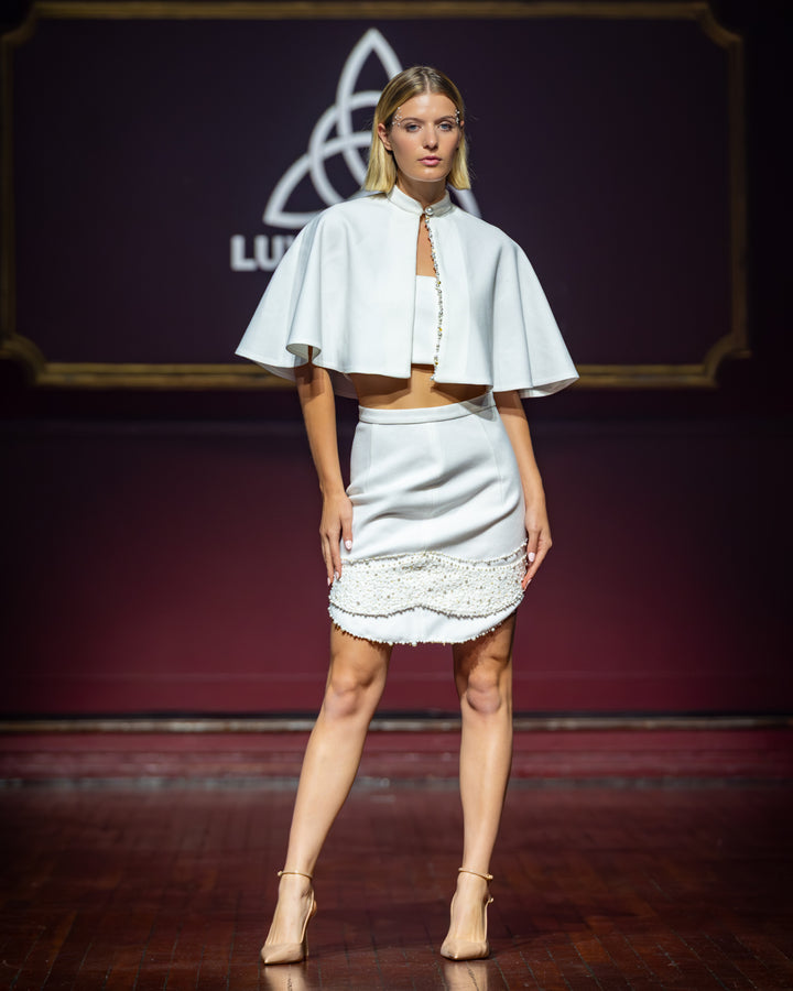 Ophira - White Mini Skirt Cape Set