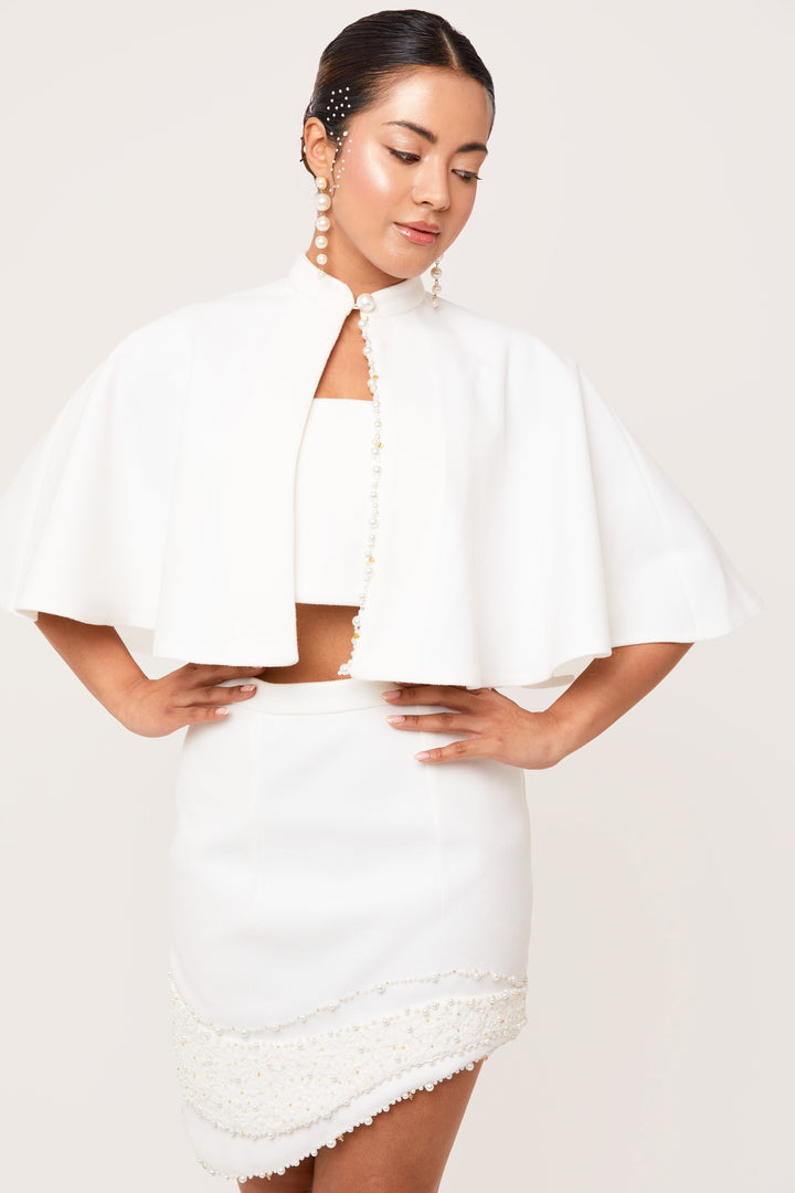 Ophira - White Mini Skirt Cape Set