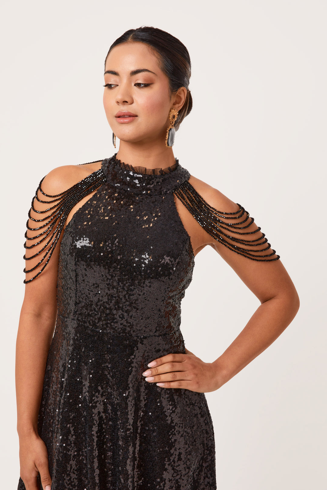 Rinsha -  Black Sequin Hi-Lo Mini Dress