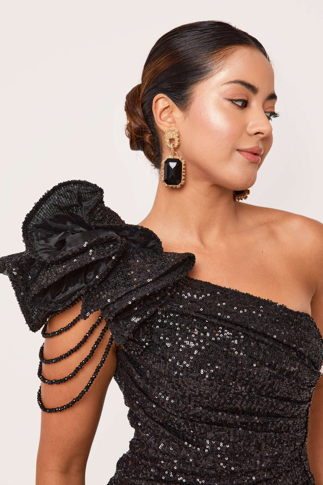 Mira- Black One Shoulder Sequin Maxi Dress