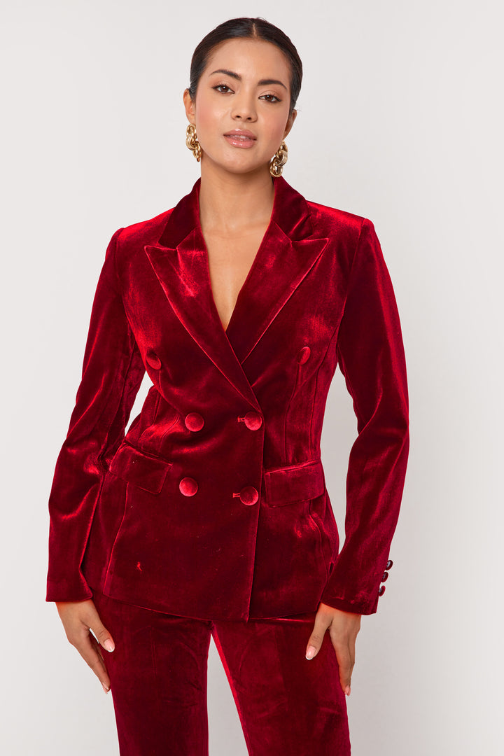 Evara - Blood Red Velvet 2 Piece Blazer Trousers Suit