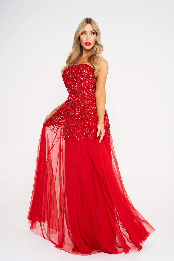 Red Off-Shoulder Sequin Embellished Maxi Dress