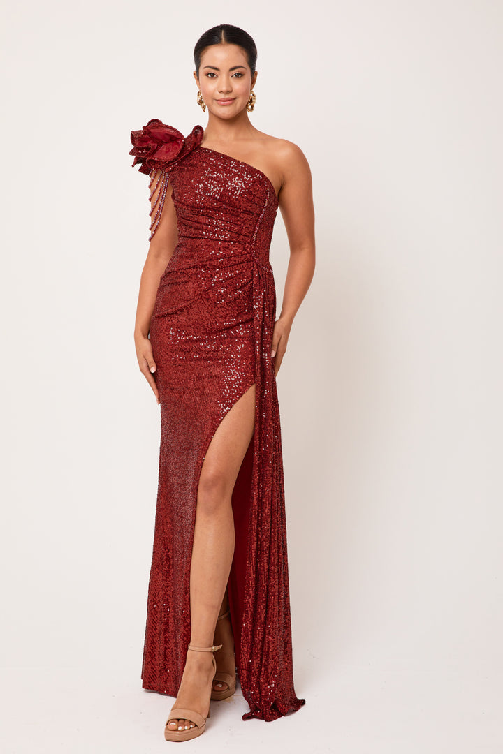 Nyla - Wine One Shoulder Sequin Maxi Dress