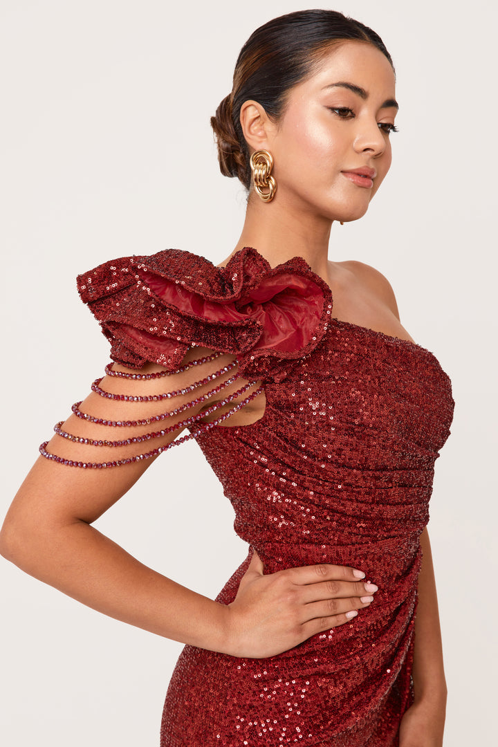 Nyla - Wine One Shoulder Sequin Maxi Dress