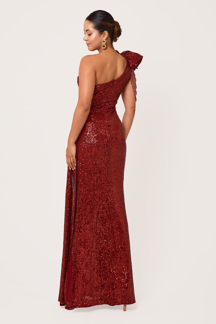 Nyla - Wine One Shoulder Sequin Maxi Dress