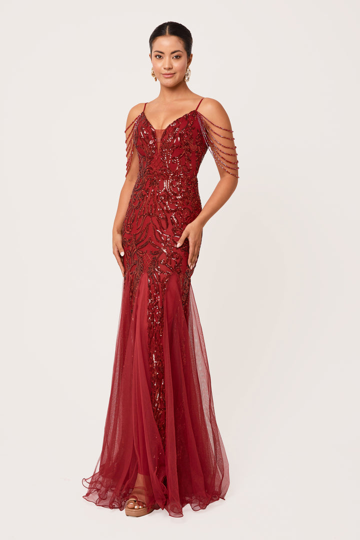 Vinora - Wine Sequin Maxi Dress