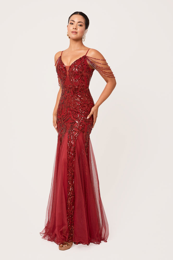 Vinora - Wine Sequin Maxi Dress