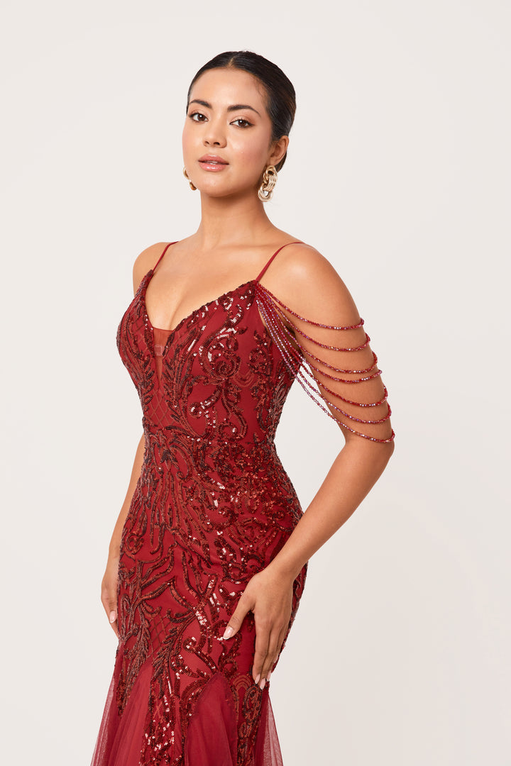 Vinora - Wine Sequin Maxi Dress