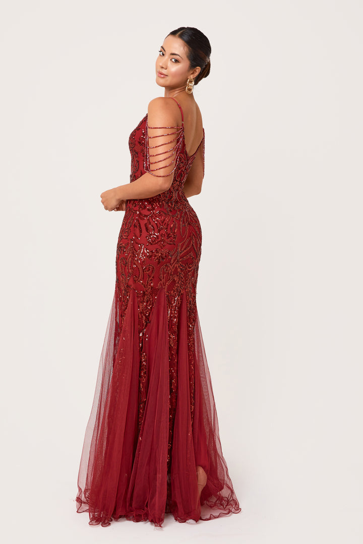 Vinora - Wine Sequin Maxi Dress