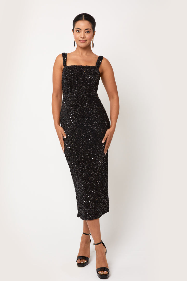 Elis - Black Sequin Midi Dress