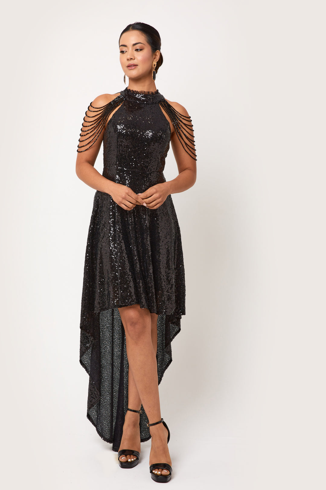 Rinsha -  Black Sequin Hi-Lo Mini Dress