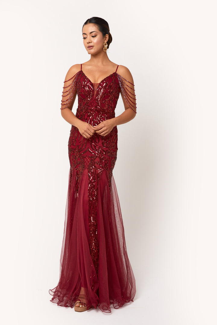 Vinora - Wine Sequin Maxi Dress