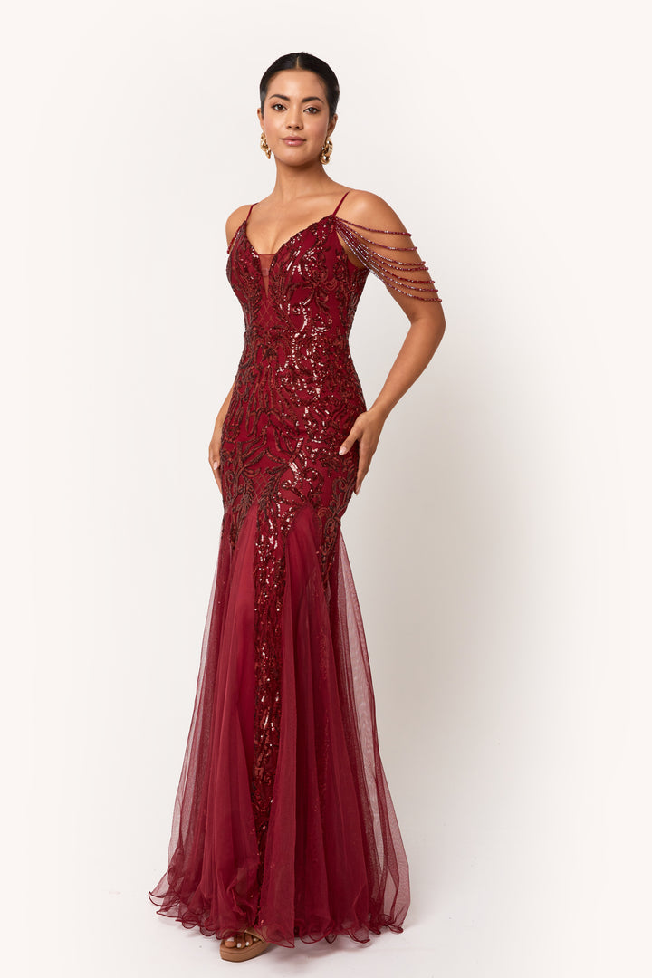 Vinora - Wine Sequin Maxi Dress