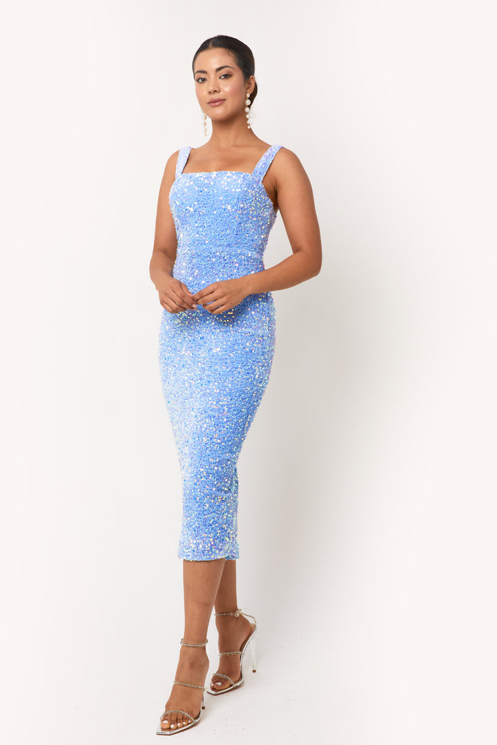 Mavi - Sky Blue Sequin Midi Dress