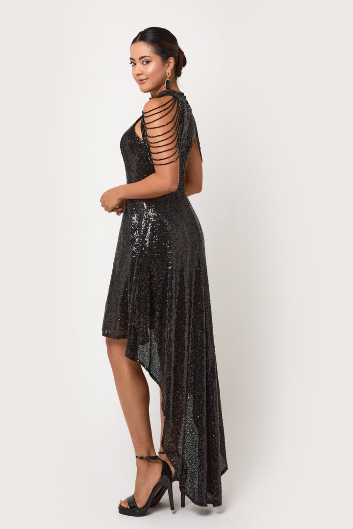 Rinsha -  Black Sequin Hi-Lo Mini Dress