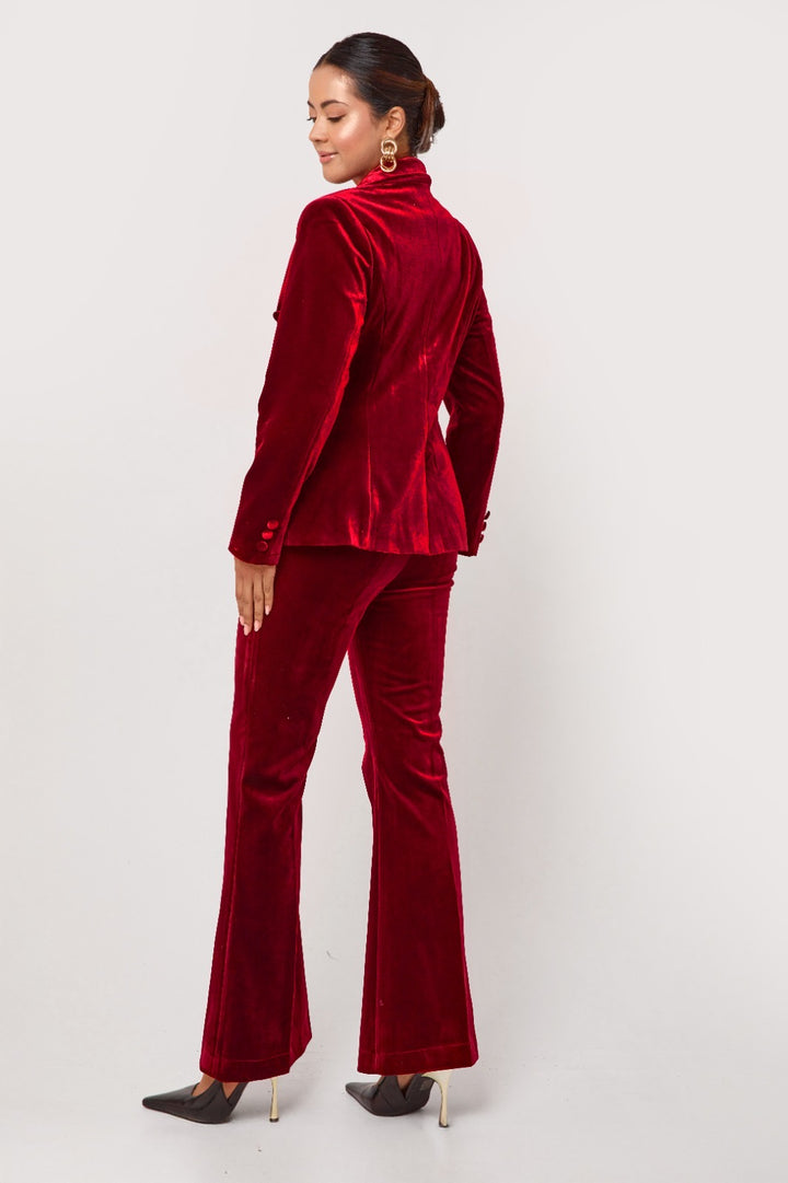 Evara - Blood Red Velvet 2 Piece Blazer Trousers Suit