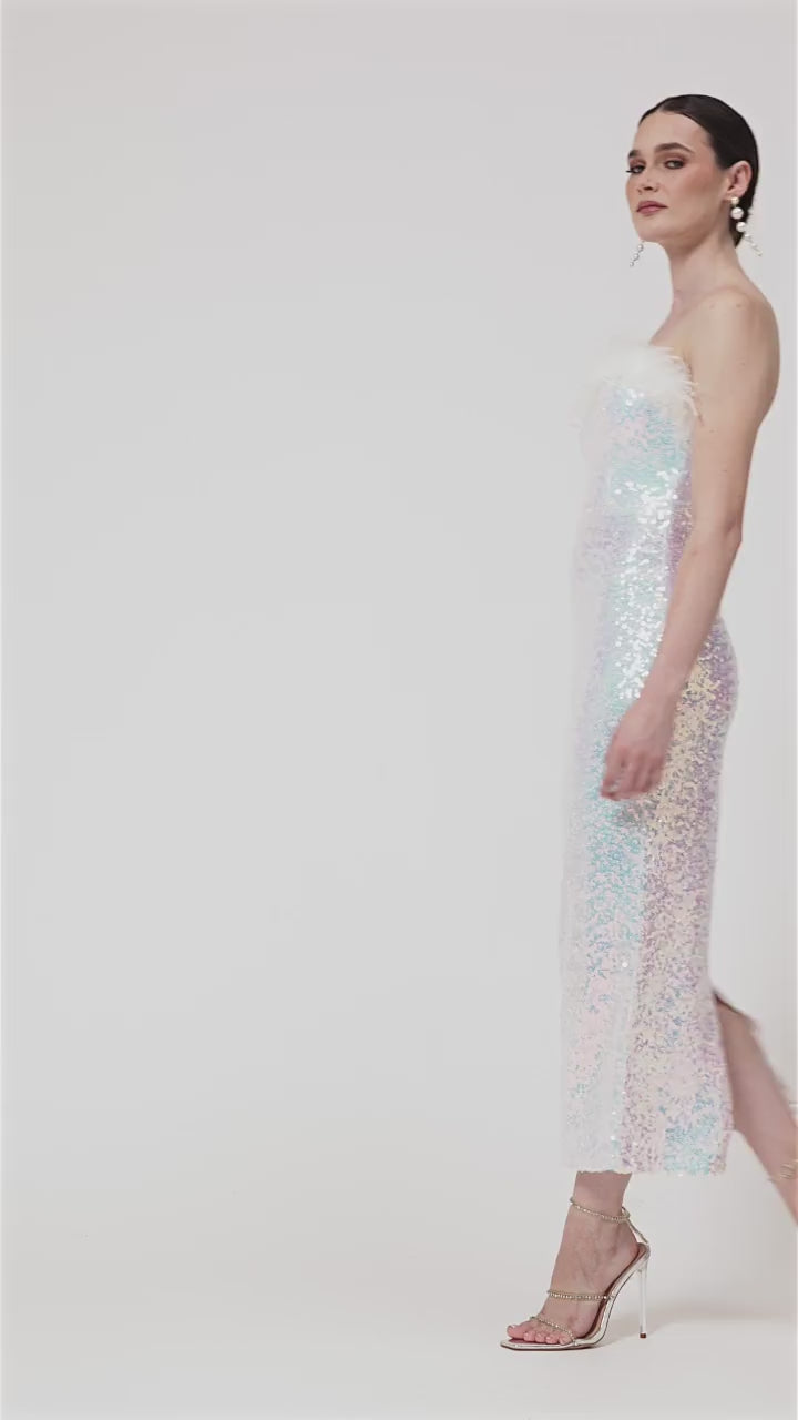 Selene - White Bandeau Sequin Midi Dress