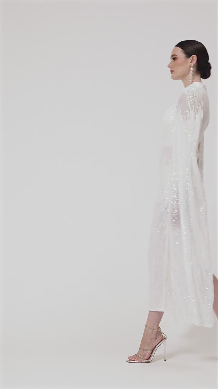 Alexandra - White Cape Sleeve Sequin Midi Dress