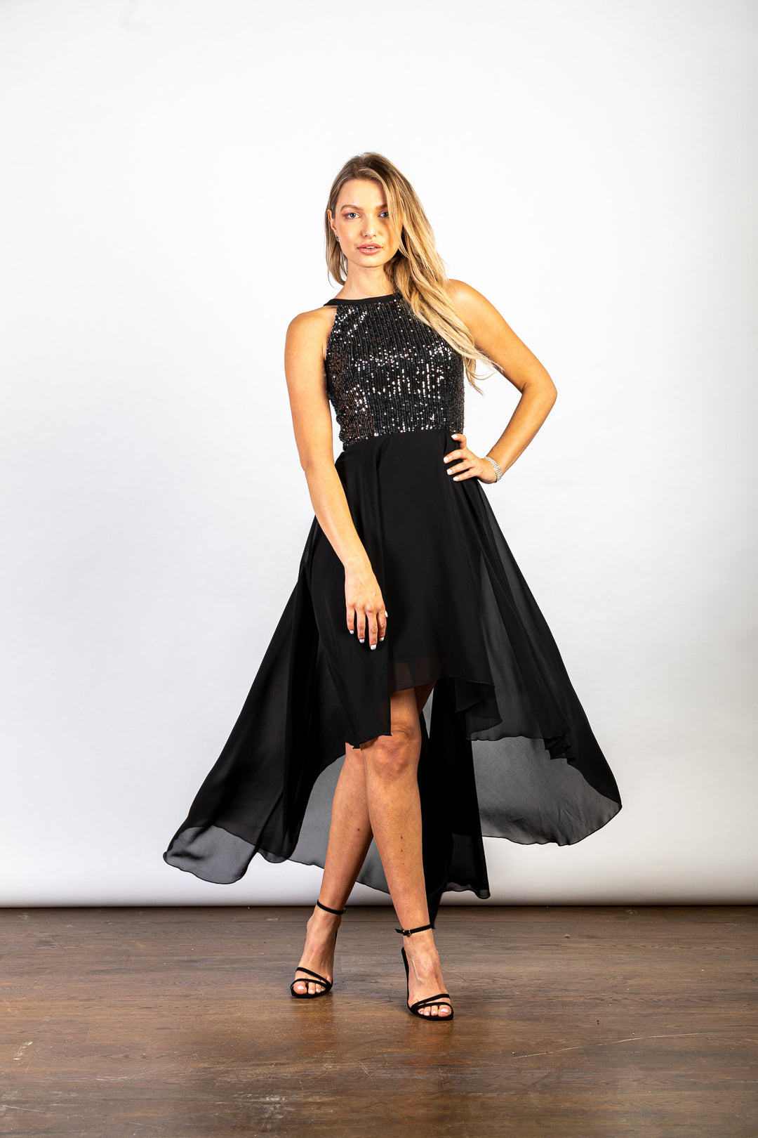 LuvForever Black Halterneck Sequin Asymmetric Dress - View 2
