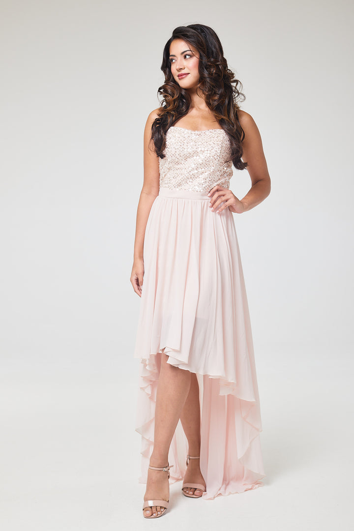 Pink Sequin Asymmetric Long Dress