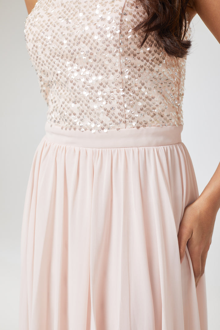Pink Sequin Asymmetric Long Dress