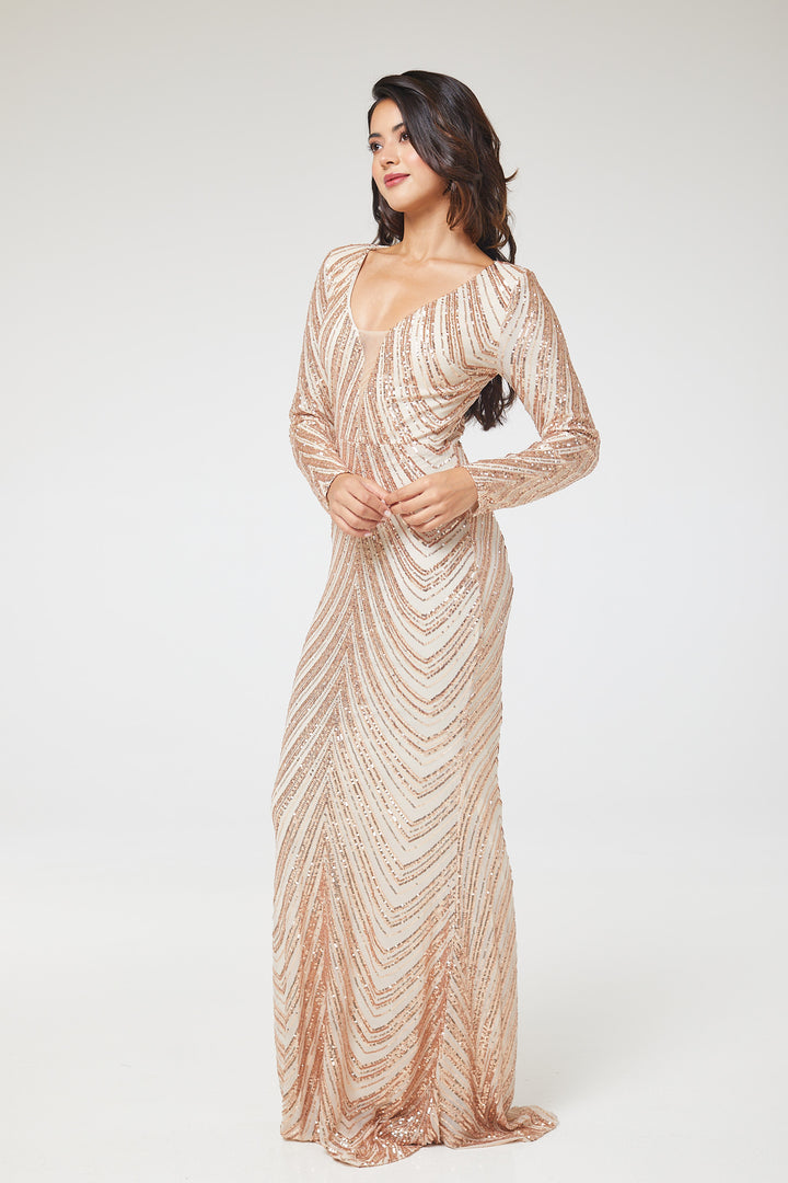 Gold Long Sleeve Sequin Maxi Dress