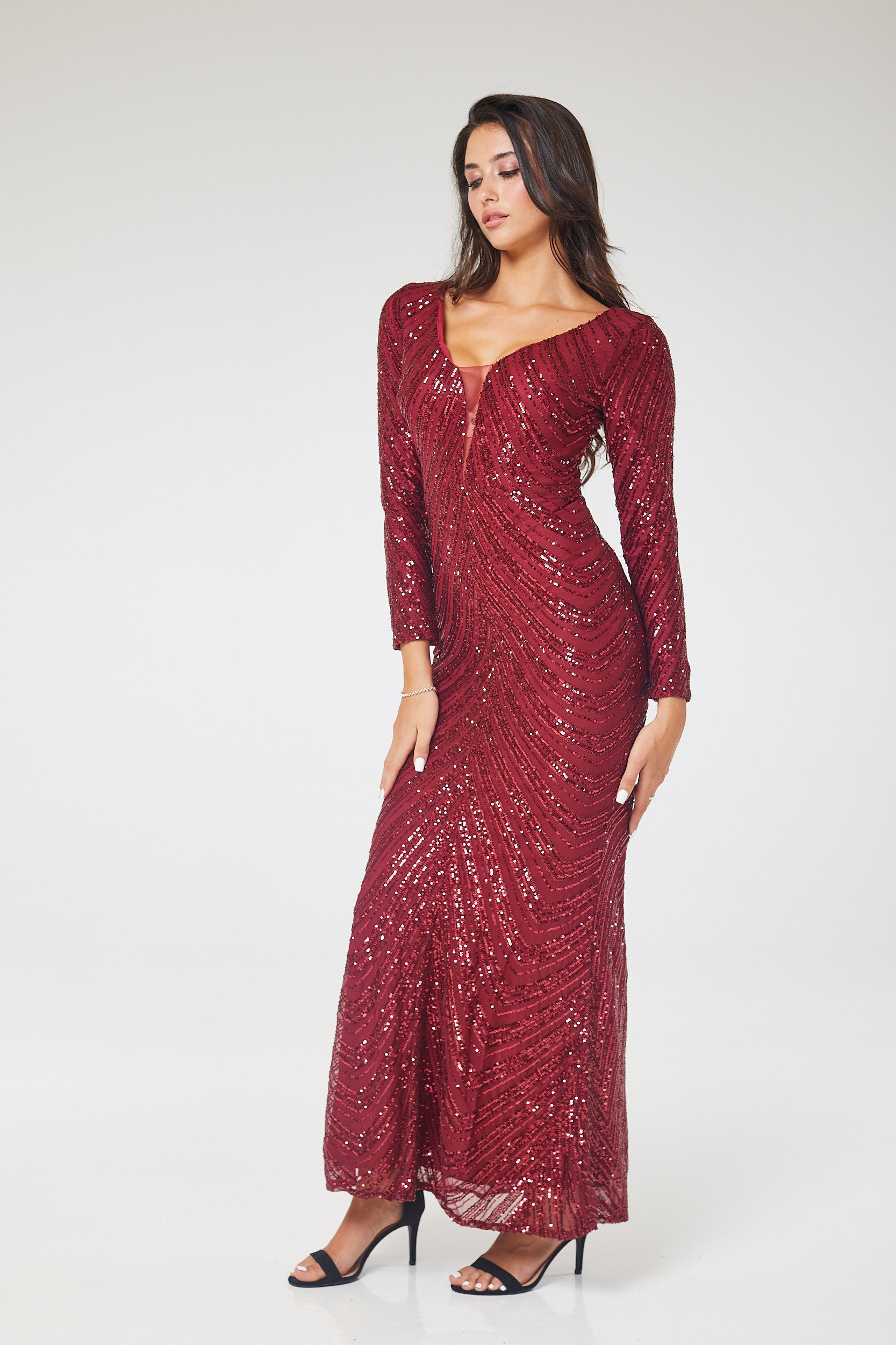 Wine Long Sleeve Sequin Maxi Dress