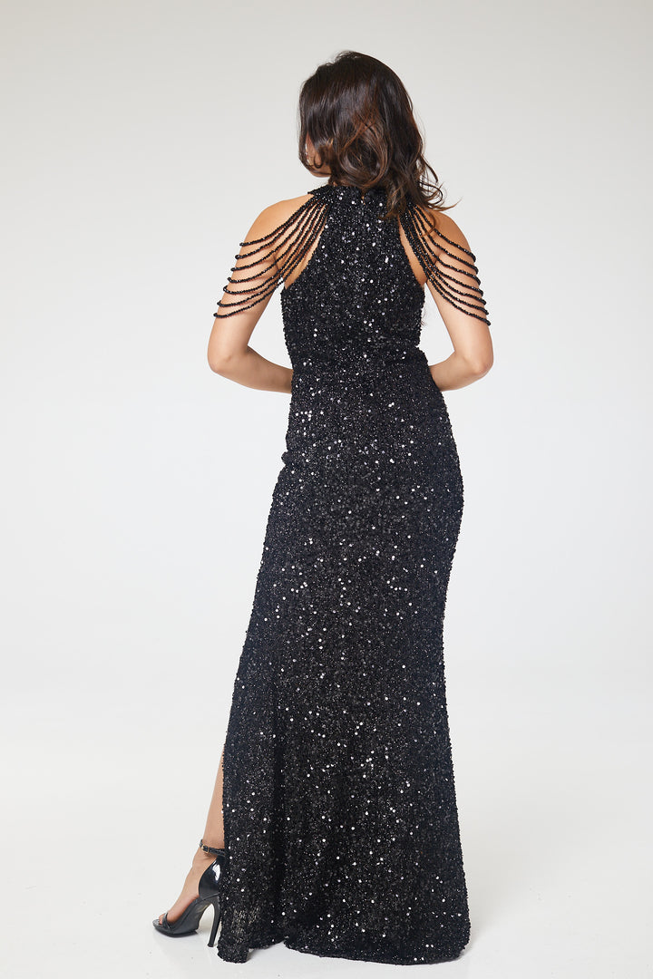 Black Halterneck Jewelled Shoulder Sequin Maxi Dress