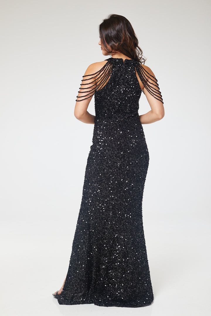 Black Halterneck Jewelled Shoulder Sequin Maxi Dress