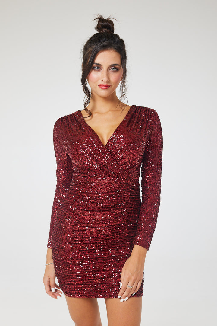 Wine Long Sleeve Ruched Sequin Mini Dress