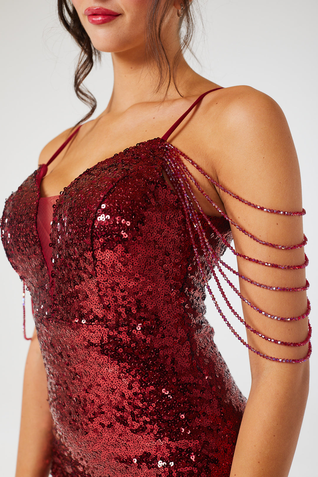 Wine Jewelled Shoulder Sequin Mini Dress