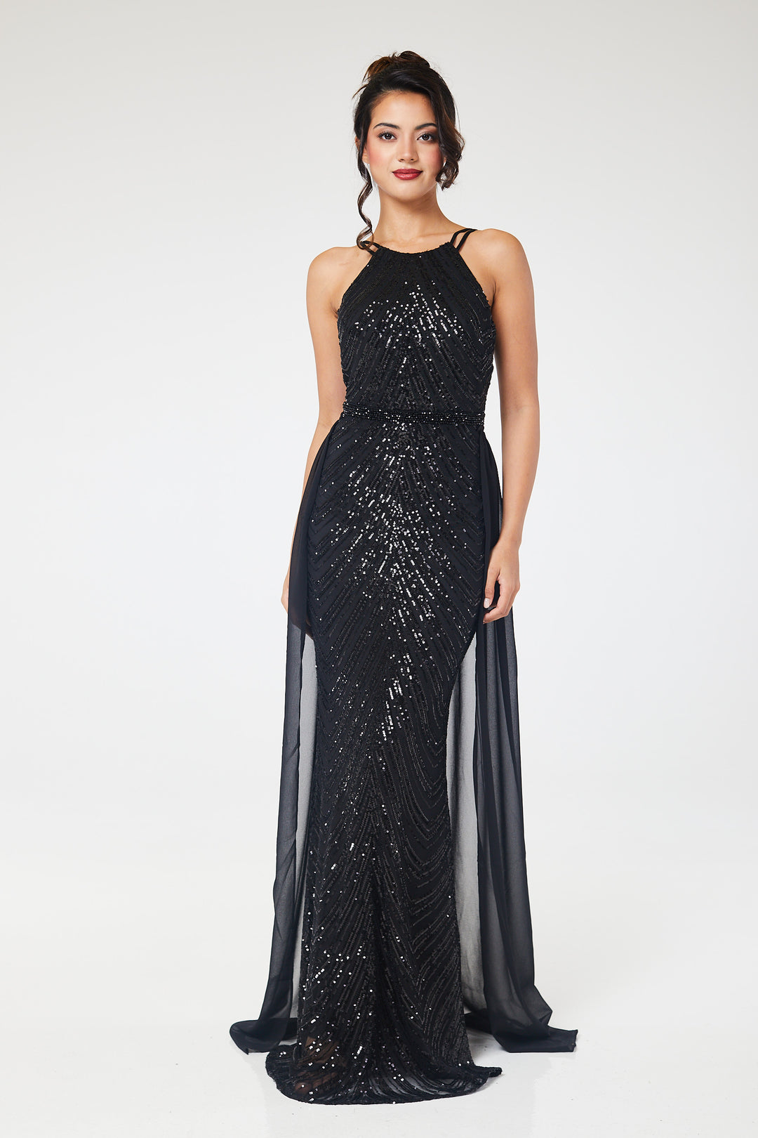 Black Halterneck Sequin Maxi Dress with Detachable Skirt