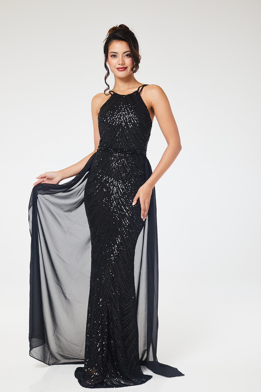 Black Halterneck Sequin Maxi Dress with Detachable Skirt