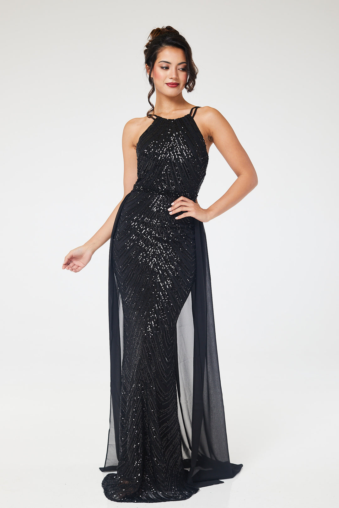 Black Halterneck Sequin Maxi Dress with Detachable Skirt