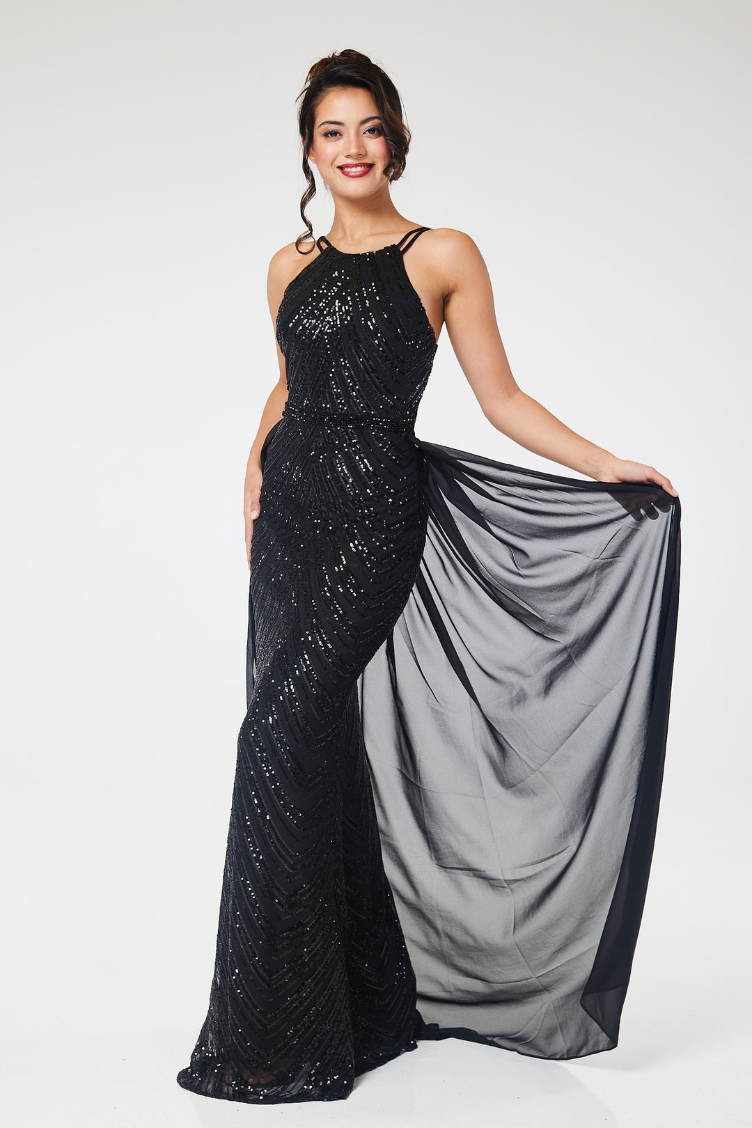 Black Halterneck Sequin Maxi Dress with Detachable Skirt