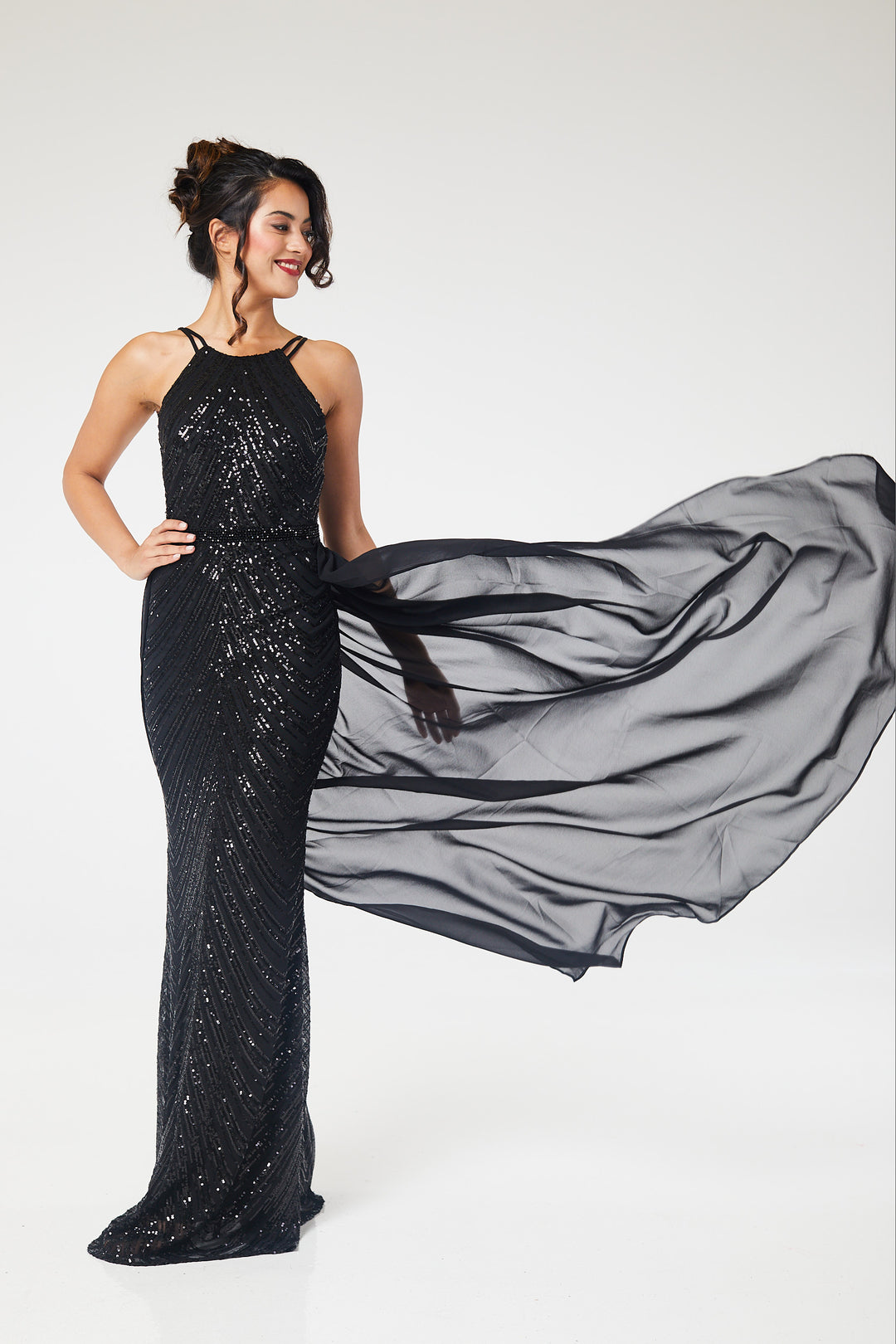 Black Halterneck Sequin Maxi Dress with Detachable Skirt