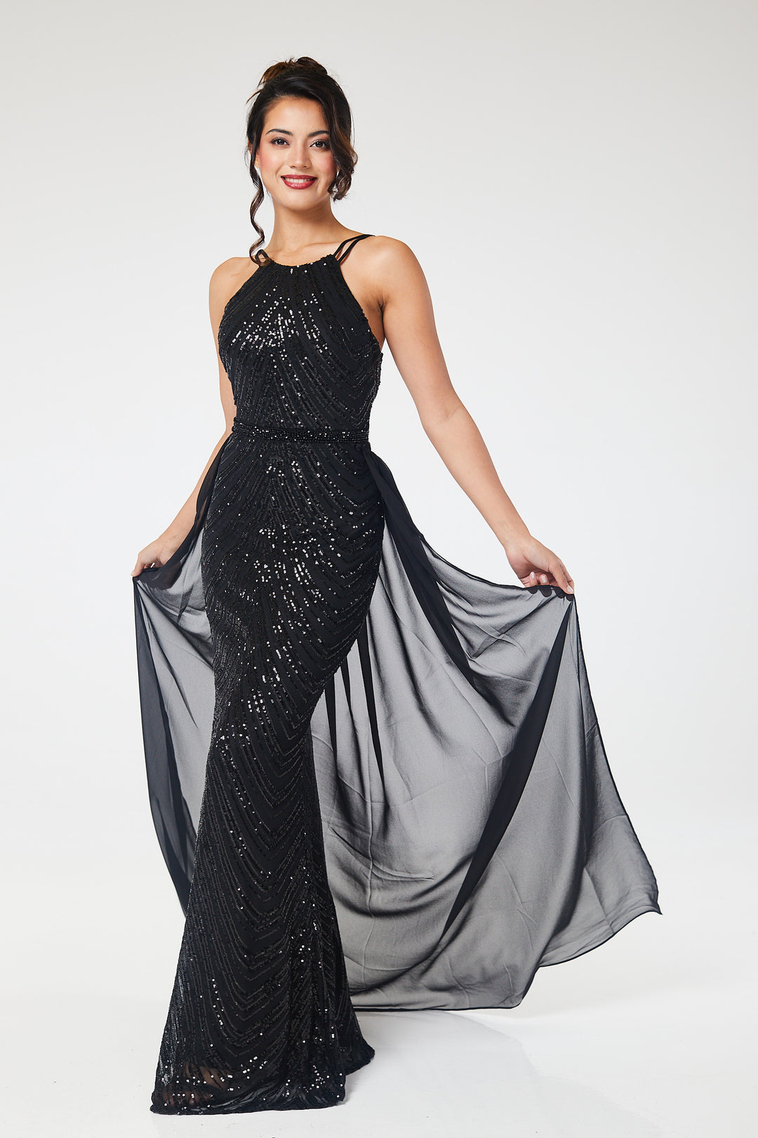 Black Halterneck Sequin Maxi Dress with Detachable Skirt