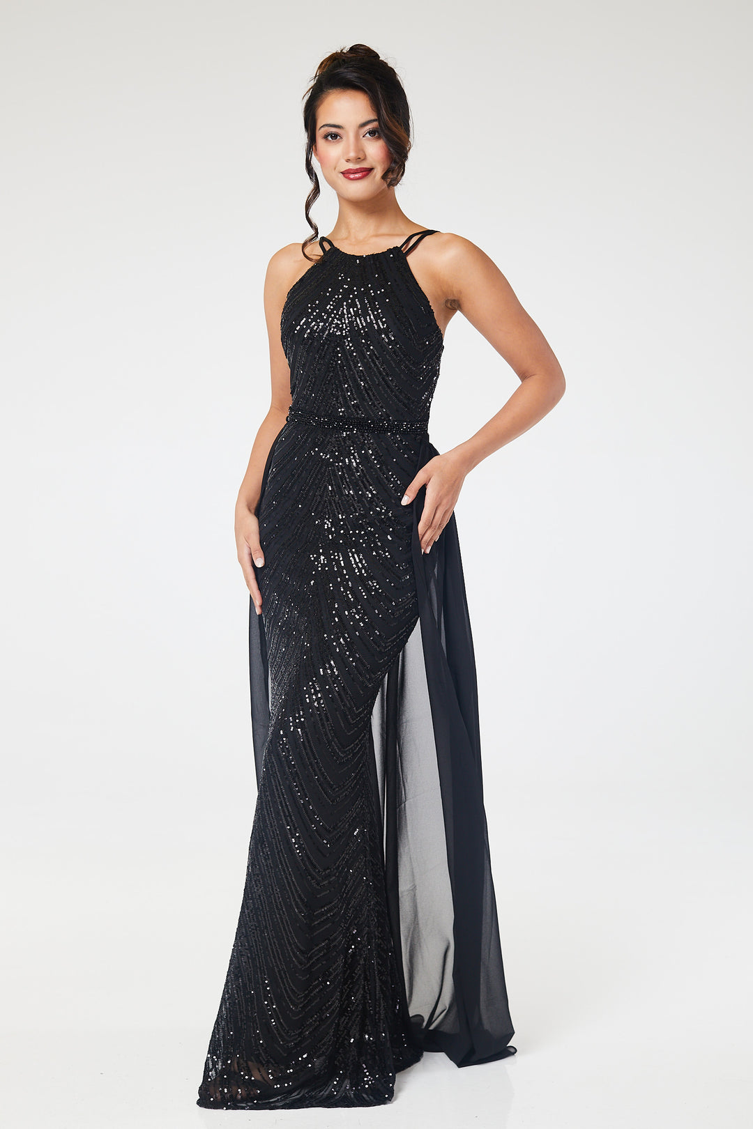 Black Halterneck Sequin Maxi Dress with Detachable Skirt