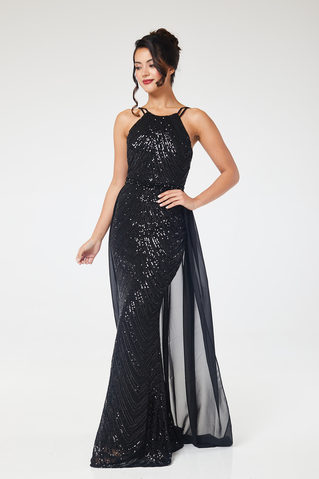 Black Halterneck Sequin Maxi Dress with Detachable Skirt