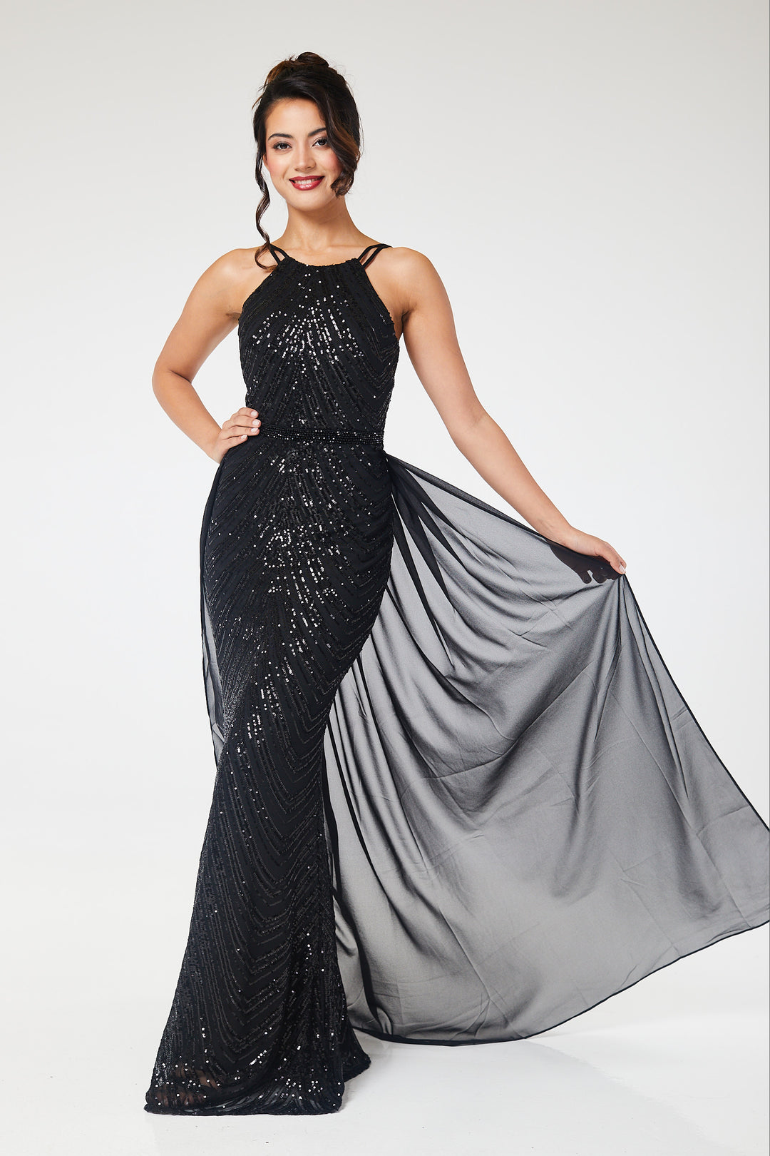 Black Halterneck Sequin Maxi Dress with Detachable Skirt