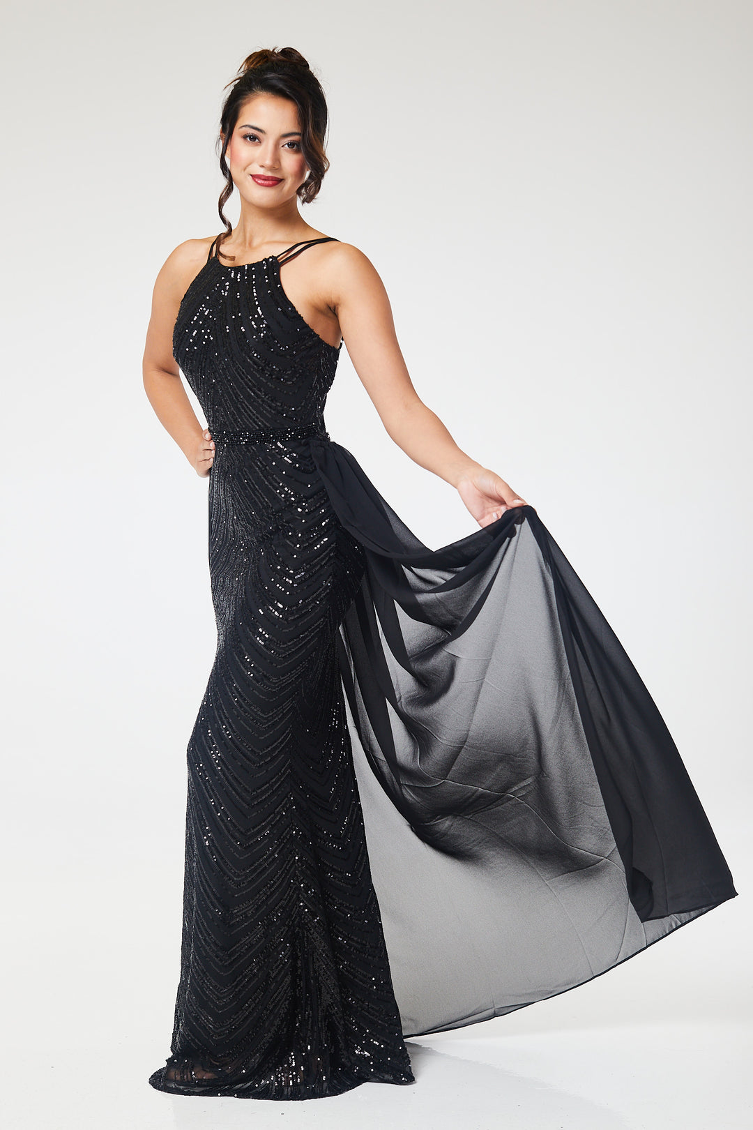 Black Halterneck Sequin Maxi Dress with Detachable Skirt