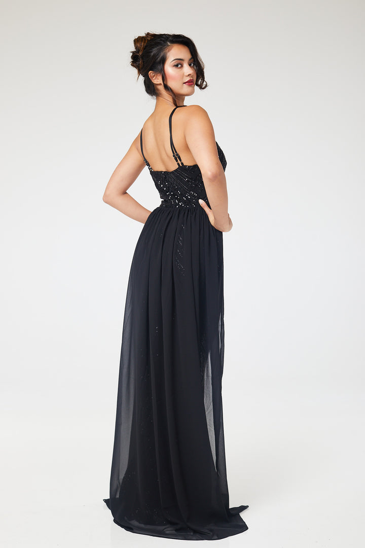 Black Halterneck Sequin Maxi Dress with Detachable Skirt