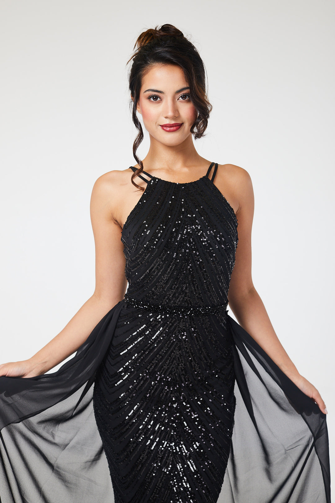 Black Halterneck Sequin Maxi Dress with Detachable Skirt