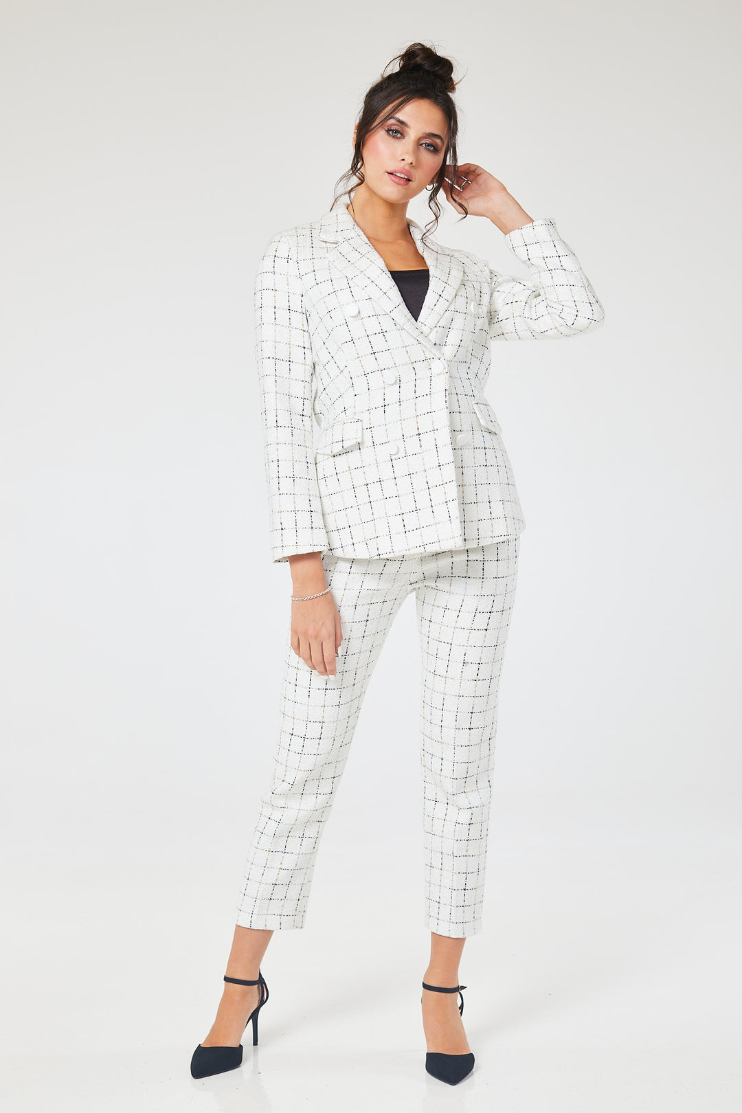 White Checked 2 Piece Tweed Trouser Suit