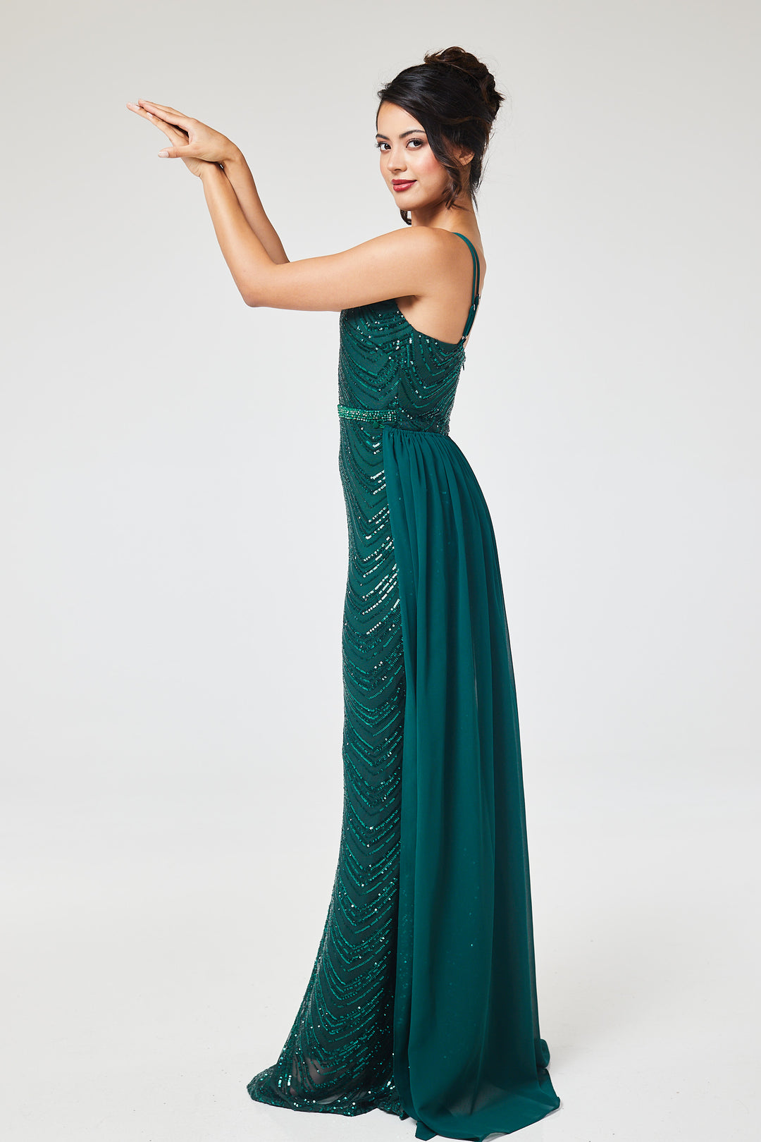 Green Halterneck Sequin Maxi Dress with Detachable Skirt
