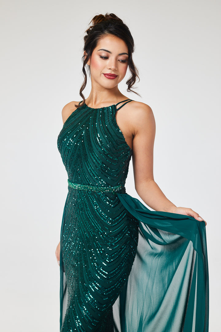 Green Halterneck Sequin Maxi Dress with Detachable Skirt