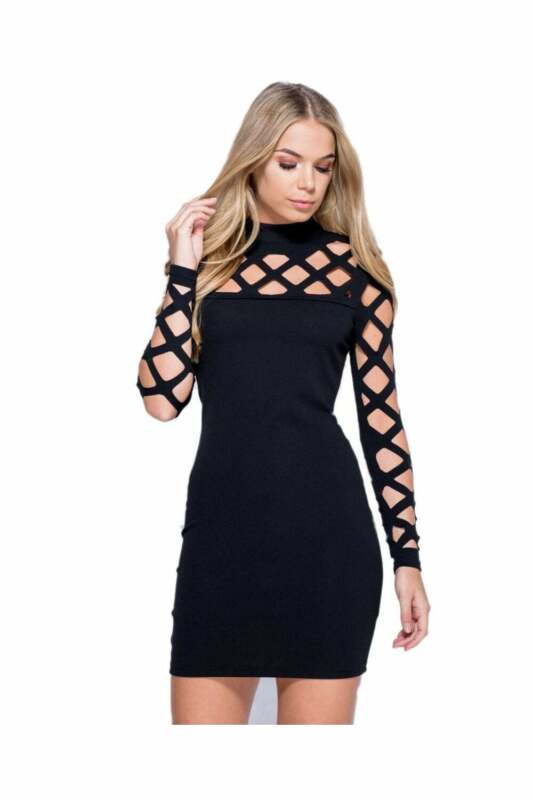 Laser Cut Full Sleeved Mini Dress in Black - close front view