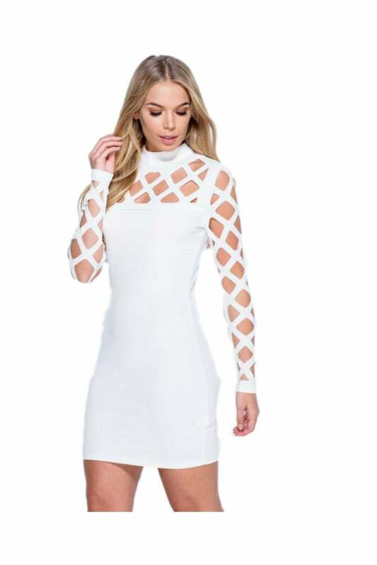 Laser Cut Full Sleeved Mini Dress in White - close front view